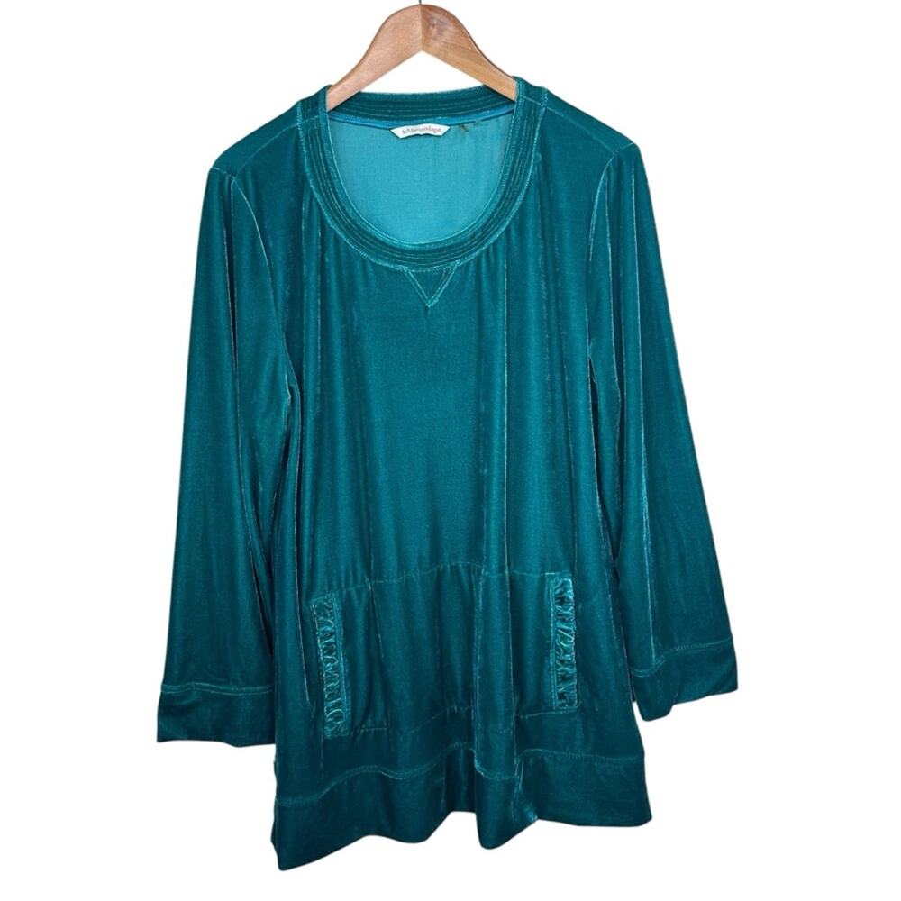 SOFT SURROUNDINGS  Sz L Peruvian Green Velvet Tunic Top Kangaroo Pouch Pocket
